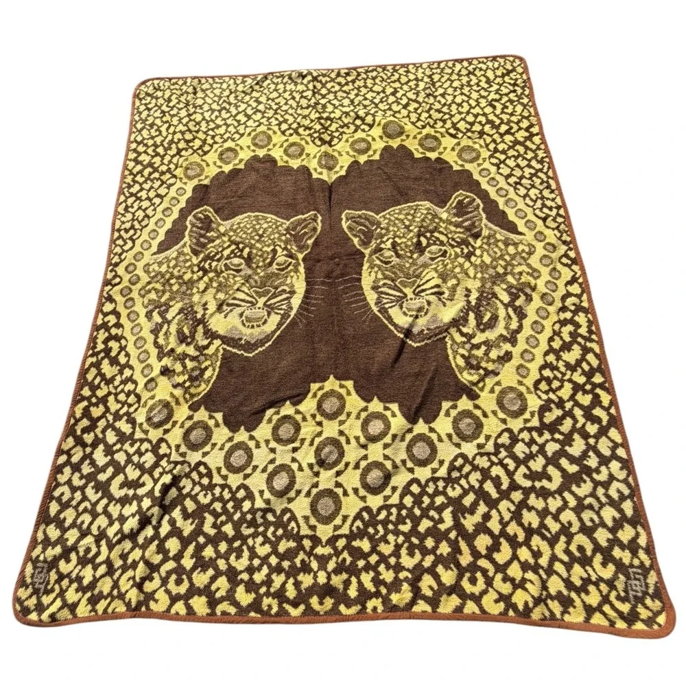 Vintage Cobertor‎ Jaguar Leopard Plush Blanket Brown Yellow Mexico 86x73 Large